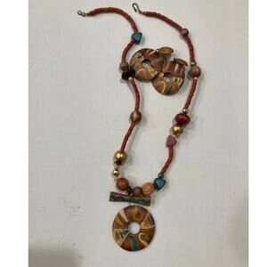 Inlaid and Hand painted Teak Wood Pierced Earrings & Necklace